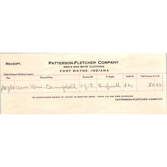 1912 Patterson-Fletcher Co Men's Clothing Letterhead Billhead Fort Wayne IN AD8