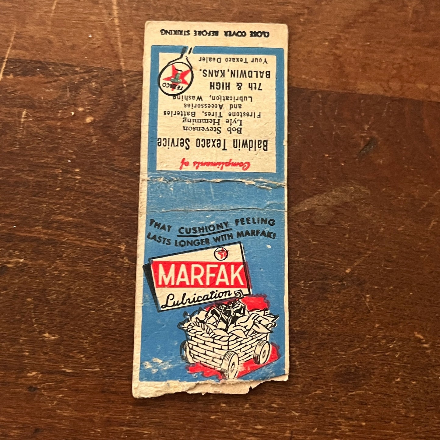 Marfak Lubrication Baldwin Texaco Service KS Advertising Matchbook Cover MM9-3