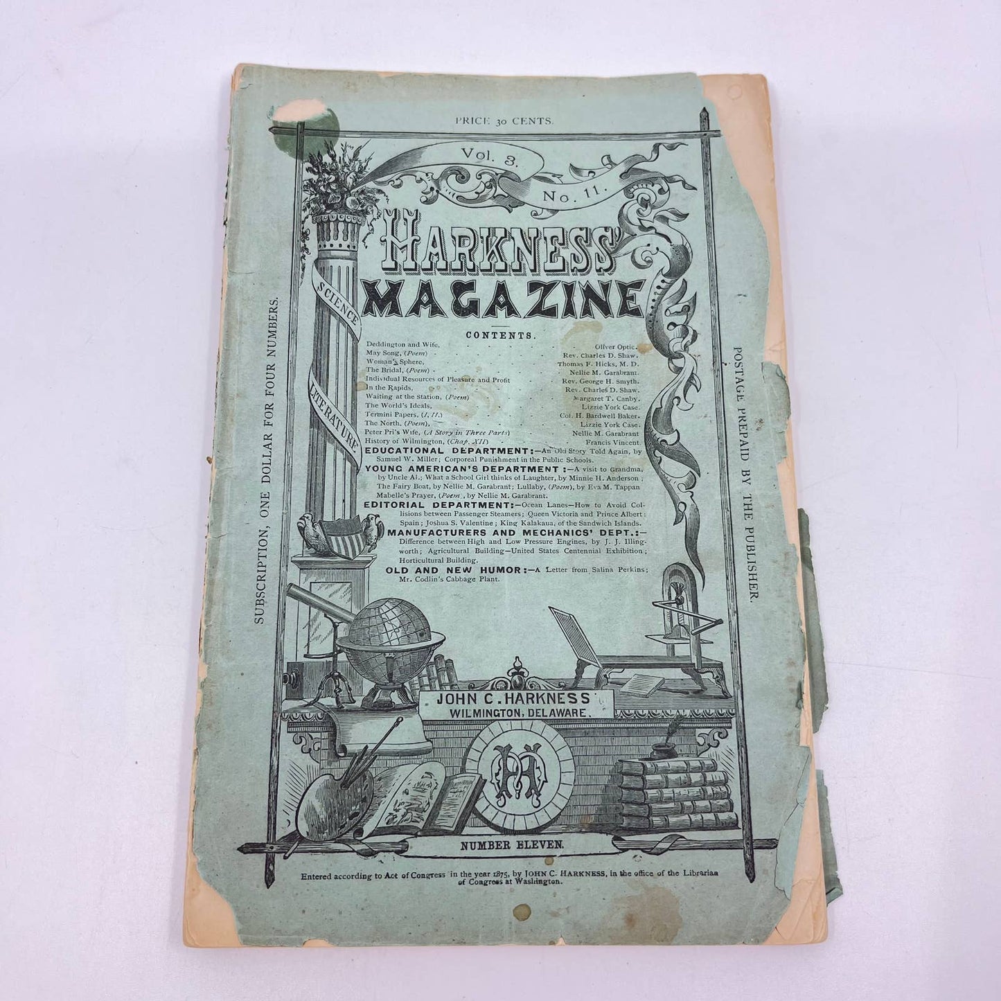 1875 John C. Harkness Magazine #11 James Webb Wilmington Science Literature TA3