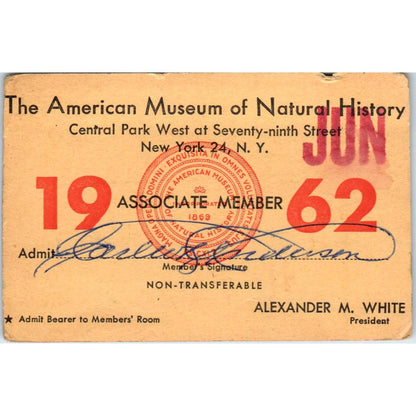 1962 The American Museum of Natural History Membership Card NYC SE5-2
