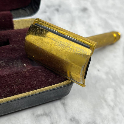 Vintage Gillette Double Sided Gold Tone Safety Razor With Case TJ9