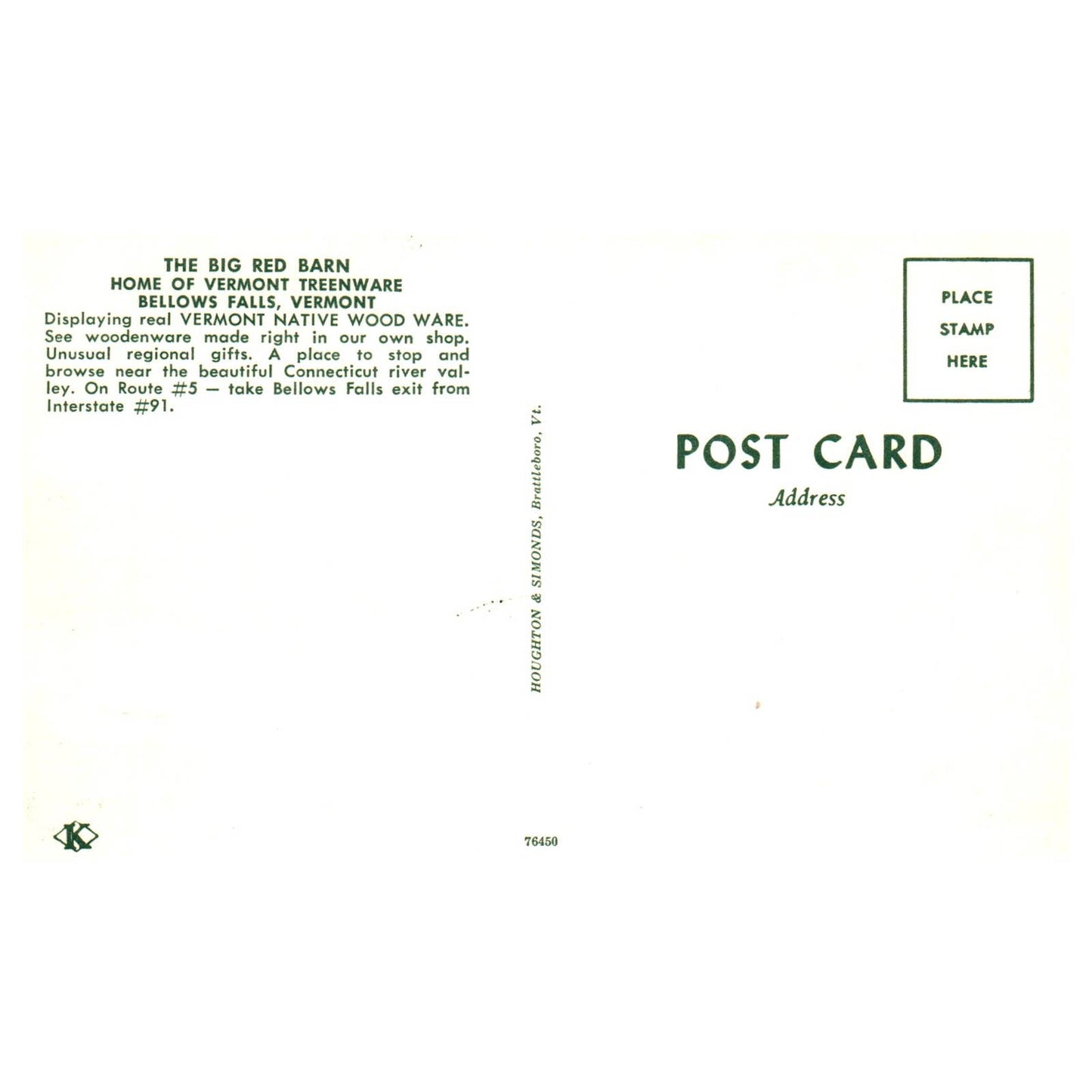 Vintage Postcard - The Big Red Barn Treenware Bellows Falls Vermont AD9
