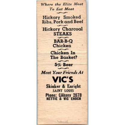 Vic's BBQ Skinker & Enright St. Louis MO Advertising Matchbook Cover SA9-M3