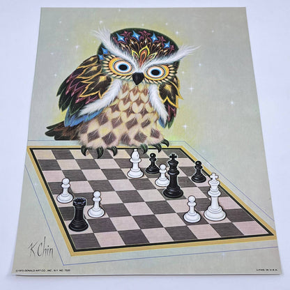 1973 Kitschy Donald Art Co. Owl Playing Chess Lithograph K Chin 9 x 12” FL3