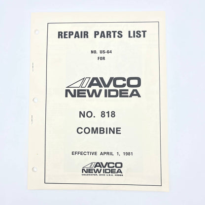 Original 1981 New Idea Repair Parts List US-64 for 818 Combine TB9