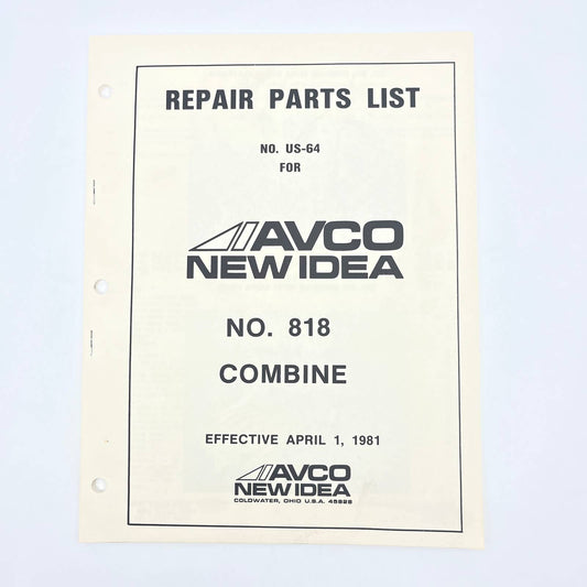 Original 1981 New Idea Repair Parts List US-64 for 818 Combine TB9