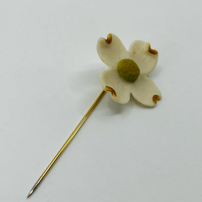 Vintage MCM Hat Lapel Stick Pin Gold Tone Ceramic Flower 2 1/2” SB3