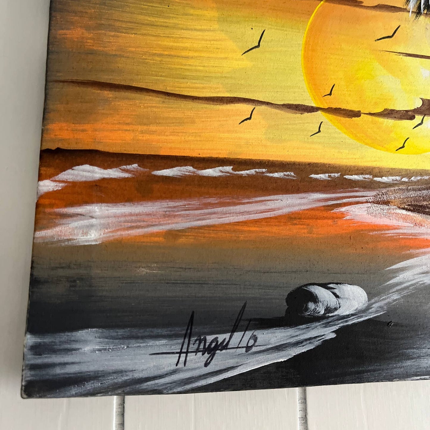 Original Canvas Art Painting Beach Sunset Scene Signed Angel '10 Size 30x11.5"