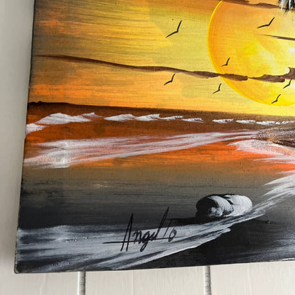 Original Canvas Art Painting Beach Sunset Scene Signed Angel '10 Size 30x11.5"