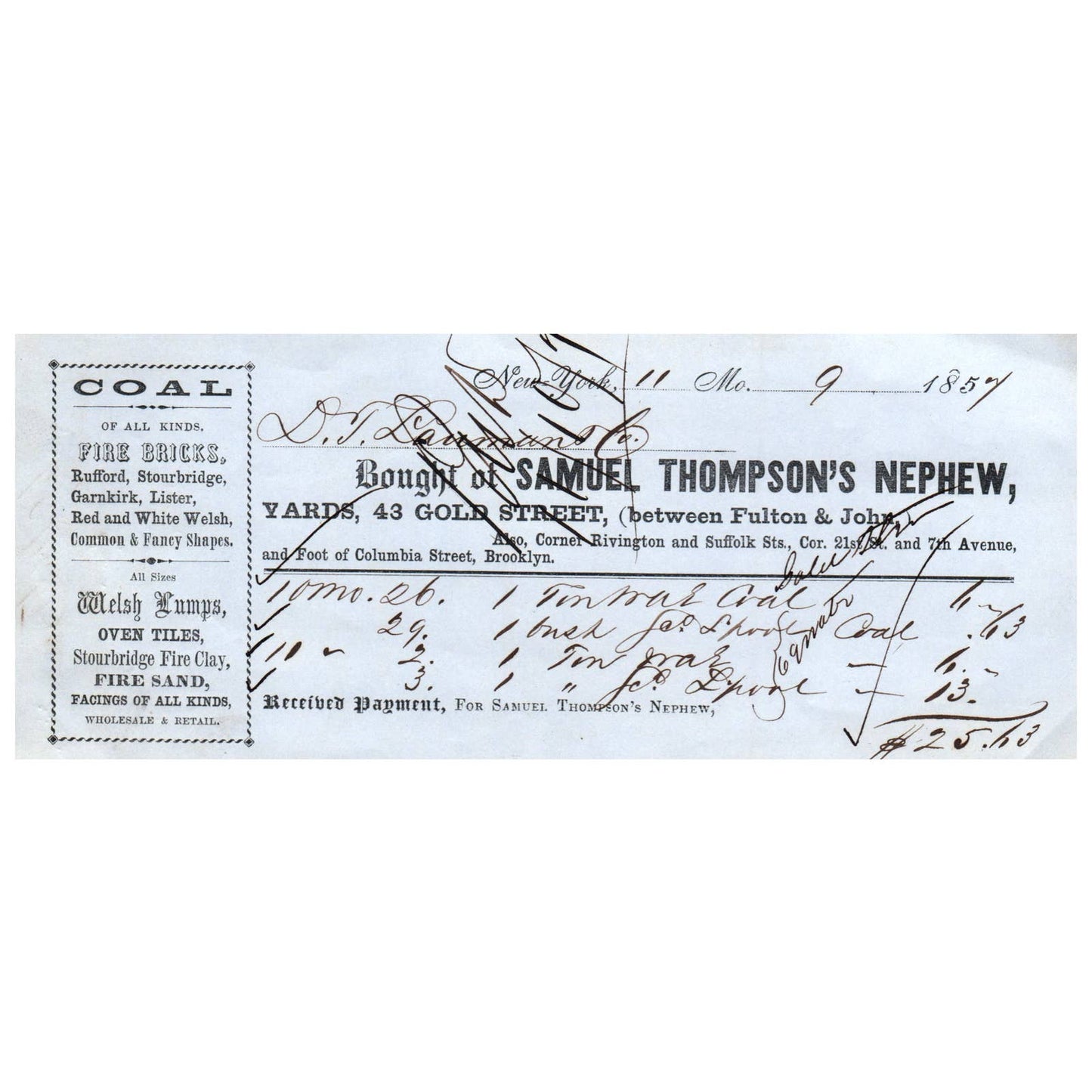 1857 Billhead Receipt Samuel Thompson's Nephew Coal Brooklyn NY SE4