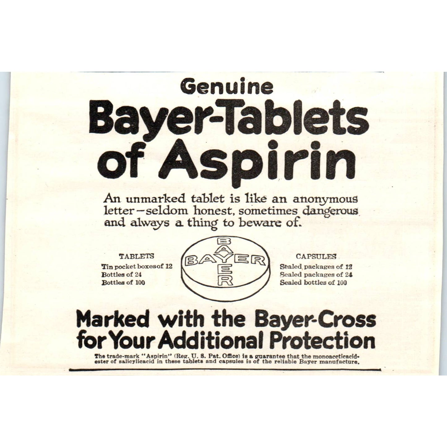 c1920 Harper's Magazine Ad - Bayer-Tablets of Aspirin EA3