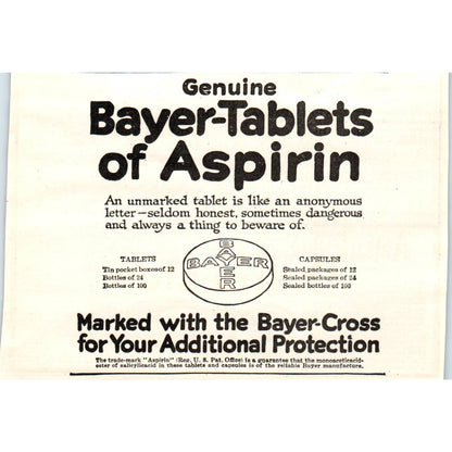 c1920 Harper's Magazine Ad - Bayer-Tablets of Aspirin EA3