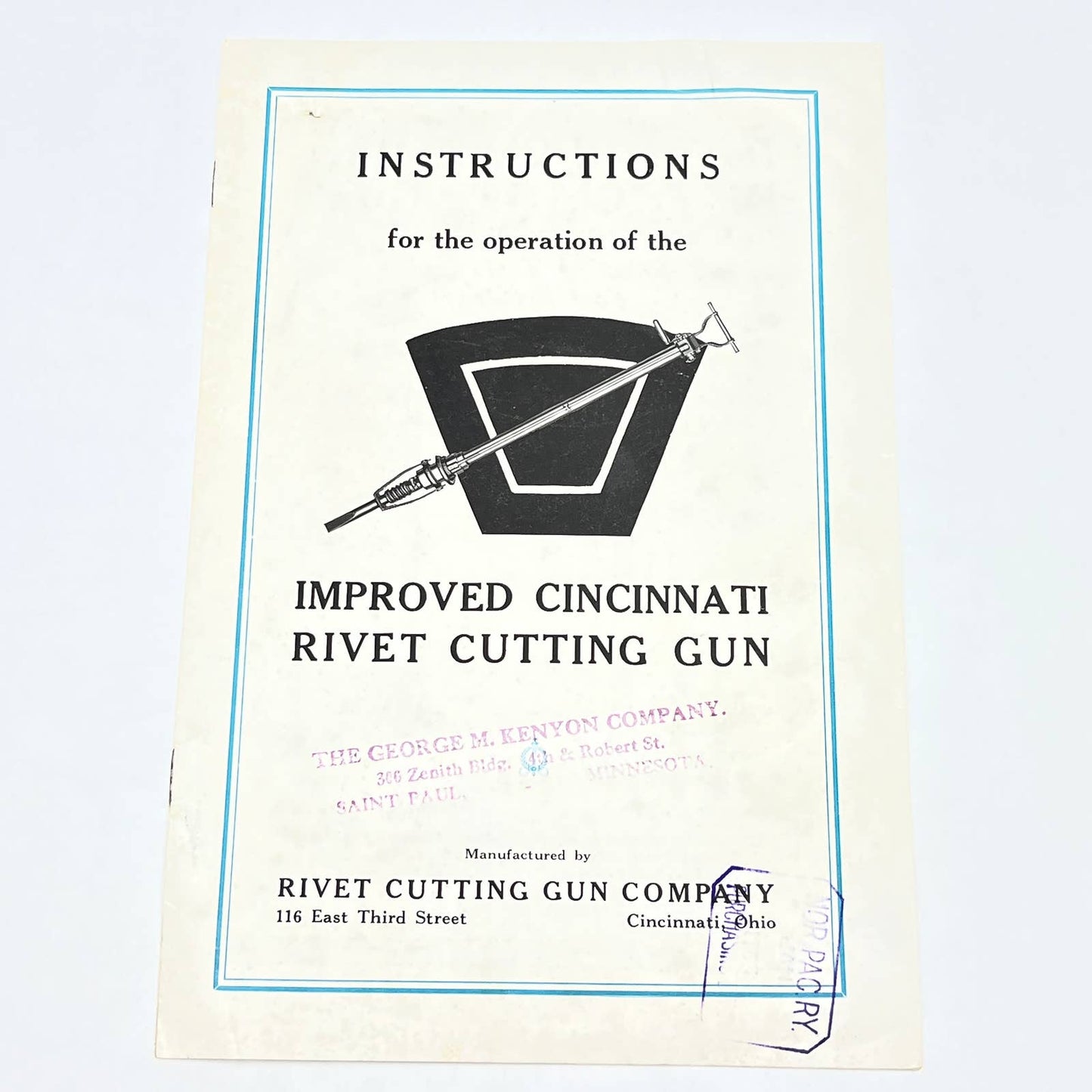 c1920 Improved Cincinnati Rivet Cutting Gun Instruction Manual AB8