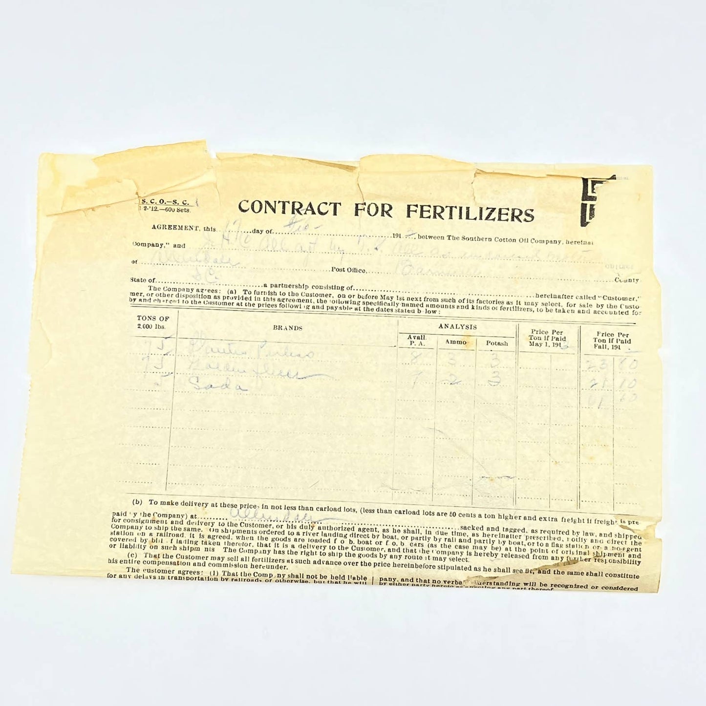 1913 Southern Cotton Oil Company Contract for Fertilizers Allendale SC AB9