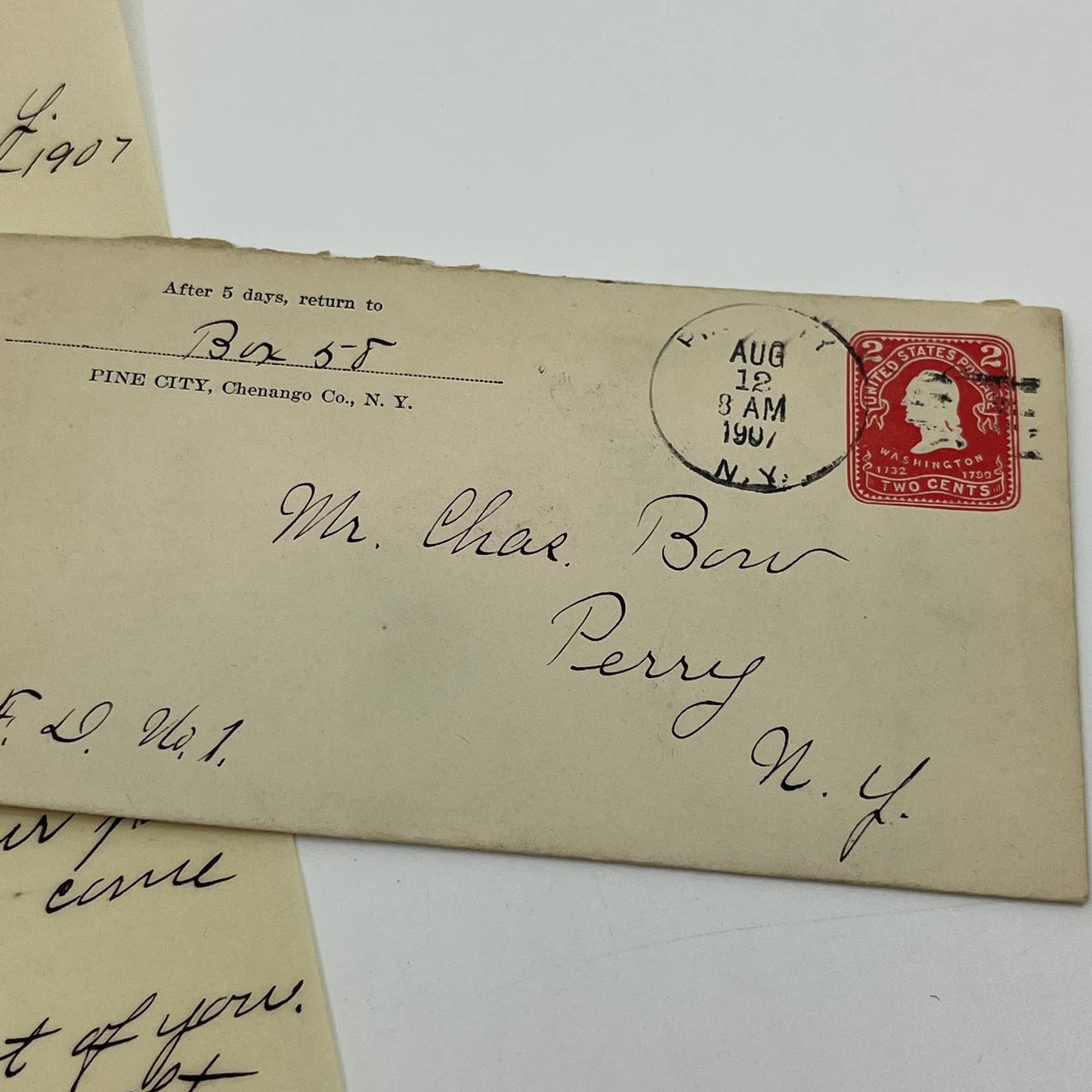 1907 Postal Cover & Letter Pine City to Perry NY Charles Bun AA6