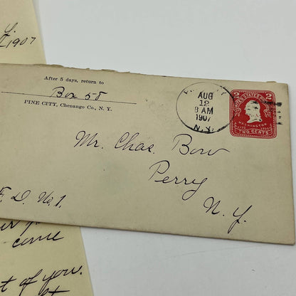 1907 Postal Cover & Letter Pine City to Perry NY Charles Bun AA6