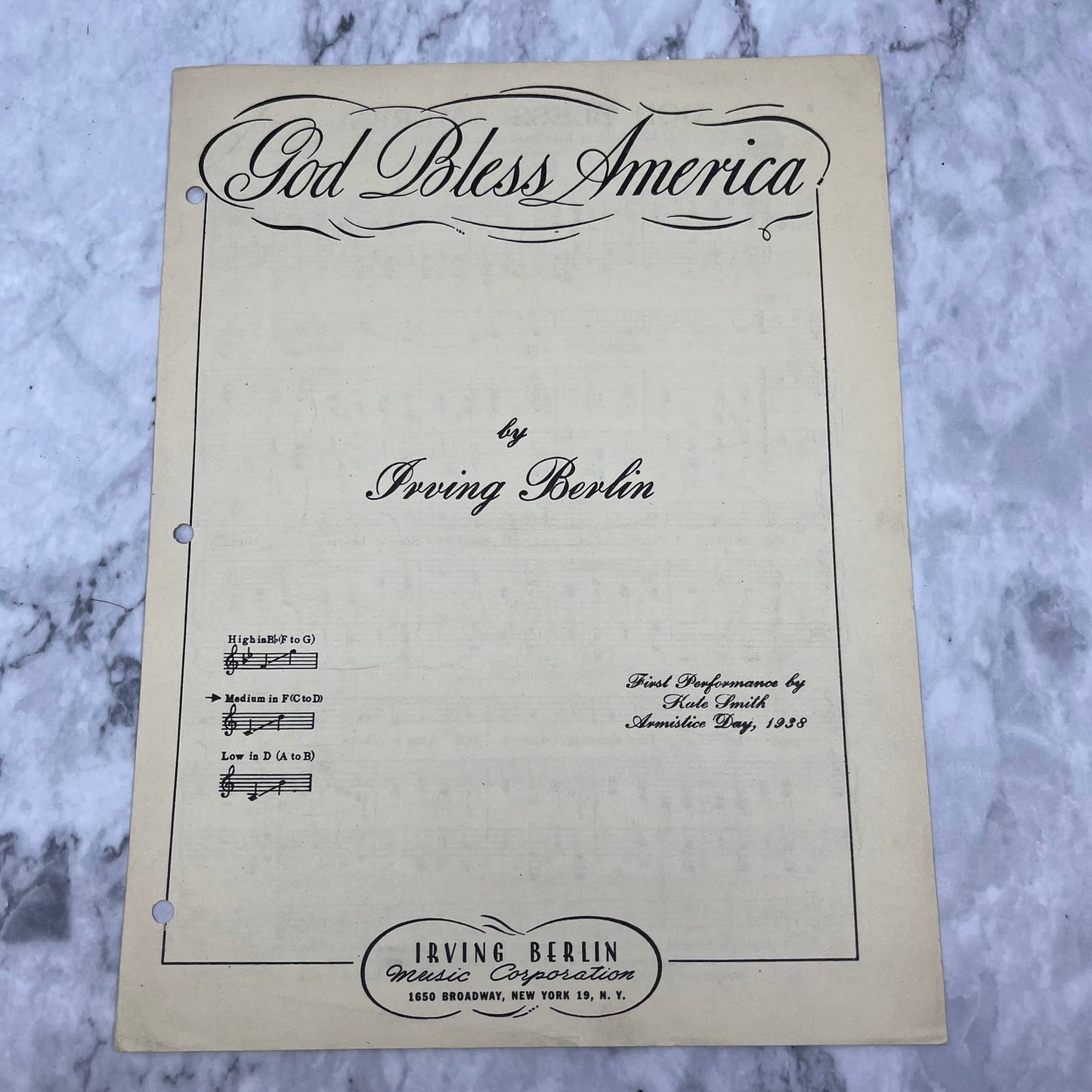 God Bless America by Irving Berlin Medium in F Sheet Music 1939 TJ4