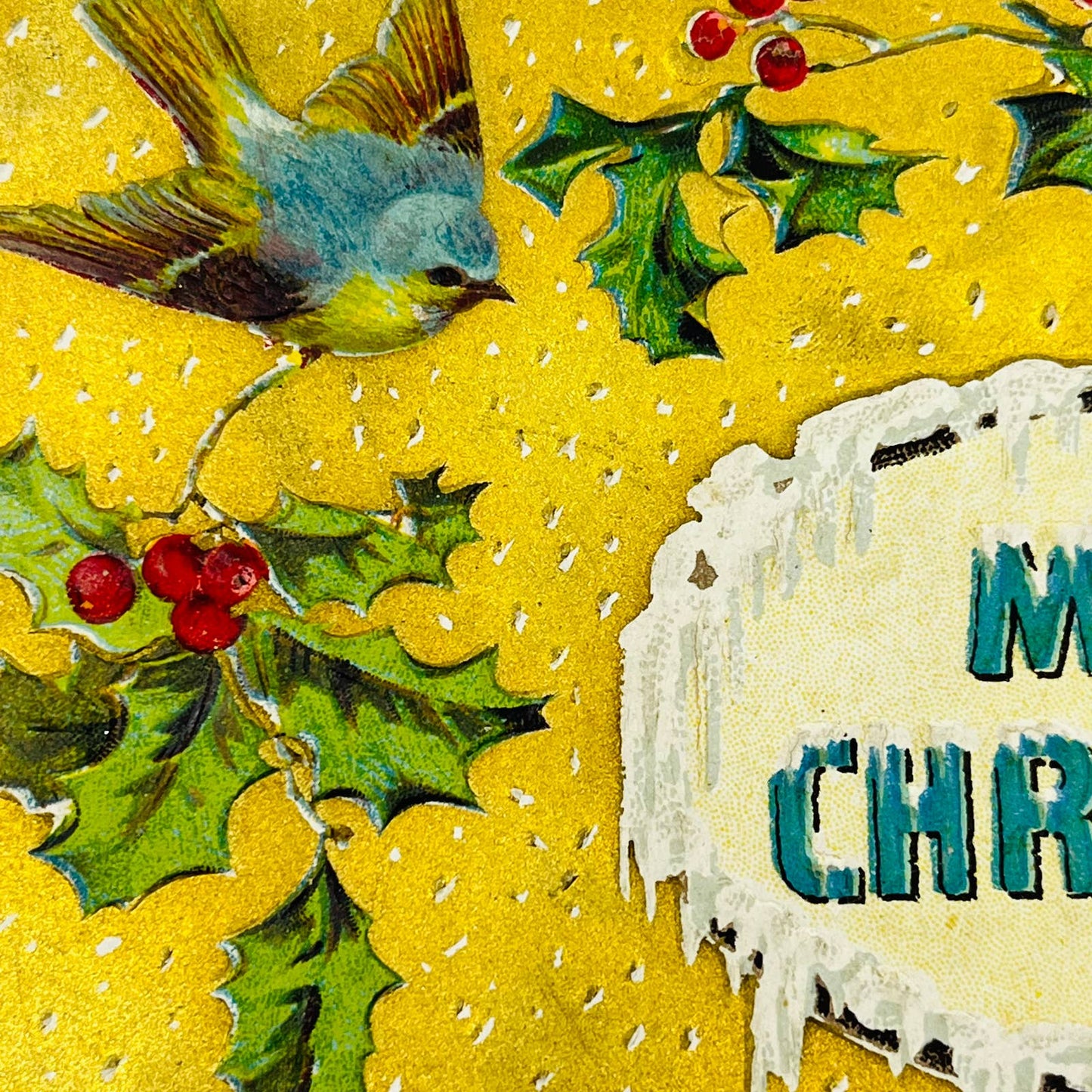 1910s Christmas Post Card Embossed Birds Holly Dresden Gilt Snow PA4