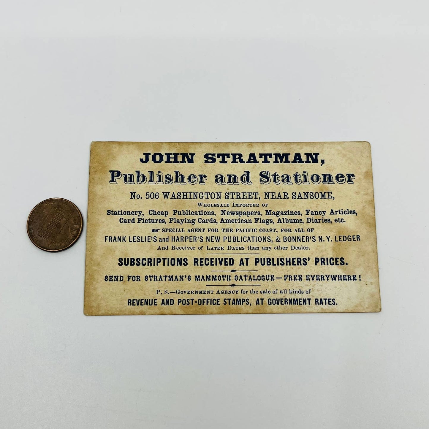 1880s Trade Card John Stratman Publisher San Francisco CA Sansome Washington SC2