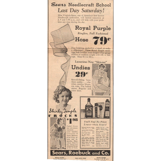 1935 Newspaper Ad Sears Needlecraft School Sale Shirley Temple Frocks FL5-2