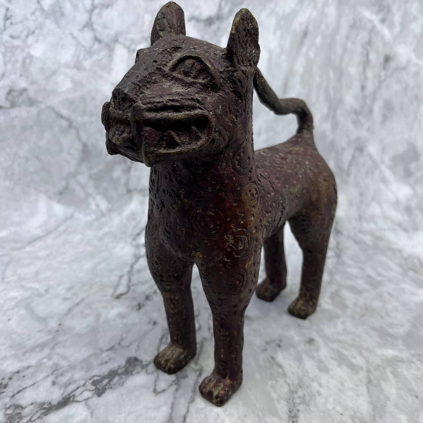 Antique Bronze West African Tribal Benin Leopard Statue Nigeria 7x8.5” TD8