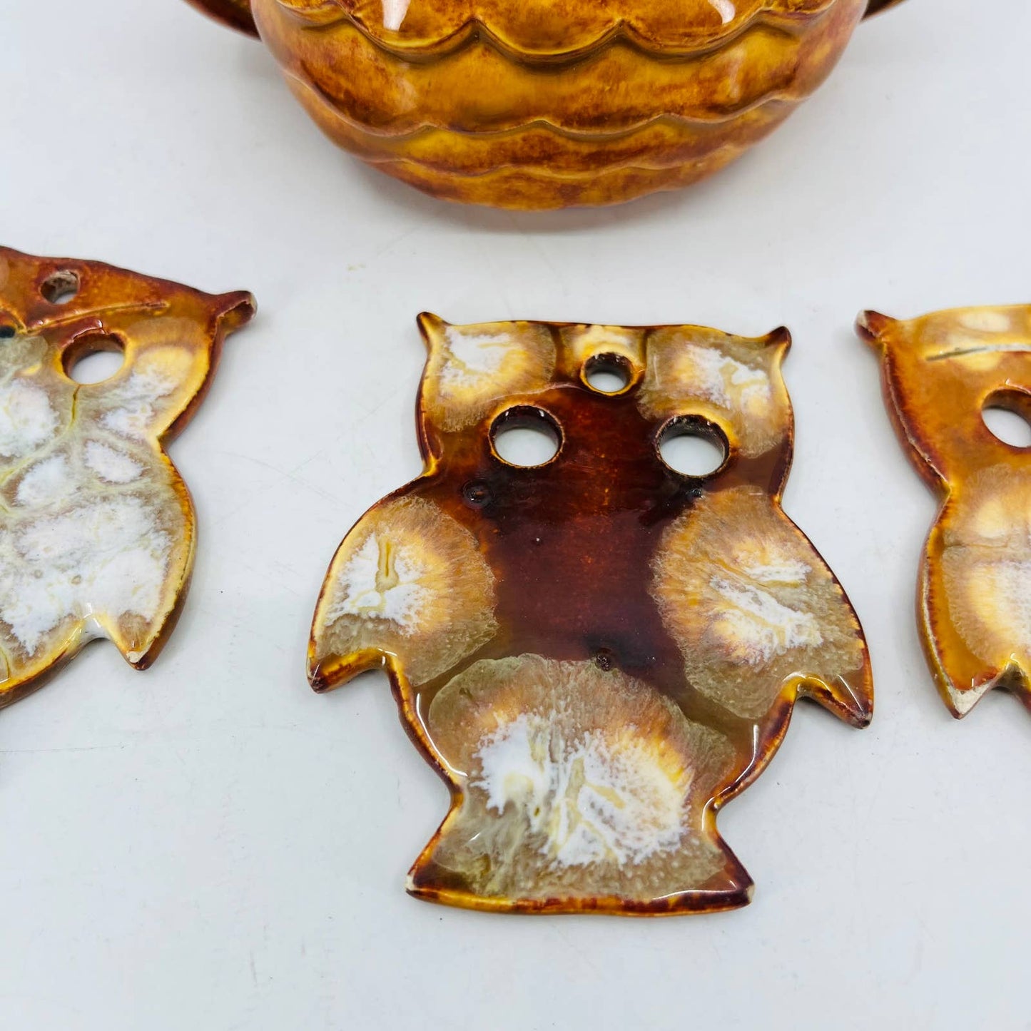 Retro Hand Painted Ceramic Owl Wind Chime w/ 3 Owlets 5.5” TC7