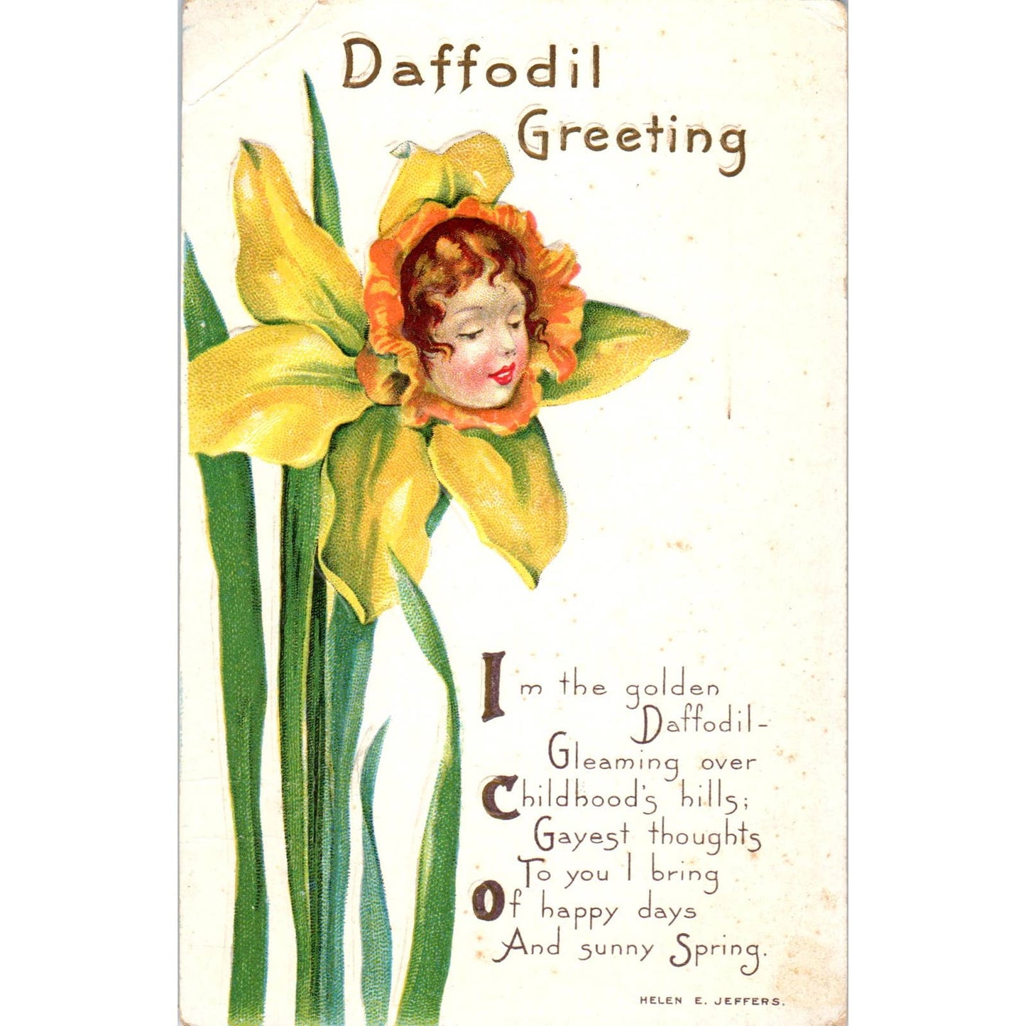 Greeting Poem Face in Flower Daffodil Helen E. Jeffers Original Postcard TK1-27