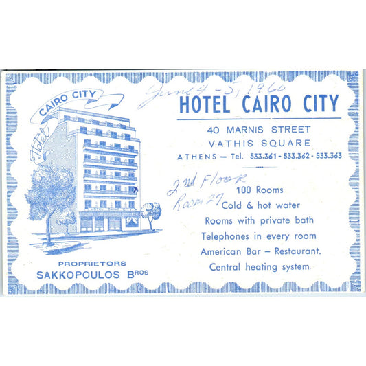 1960 Map Card - Hotel Cairo City Vathis Square Athens Sakkopoulos Bros SE3-3