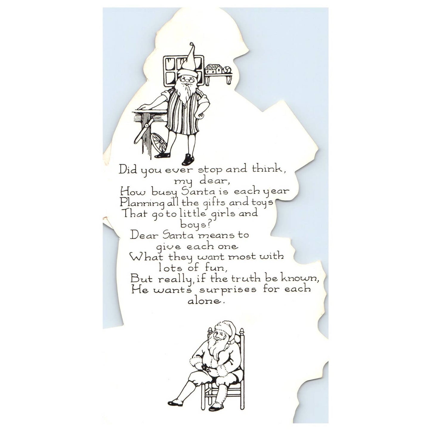 1930s Embossed 3 Piece Christmas Card Poem Santa With Bag of Toys SE4