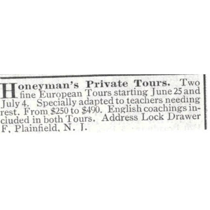 Honeyman's Private Tours Plainfield New Jersey - 1903 Original Ad TJ8-7-7