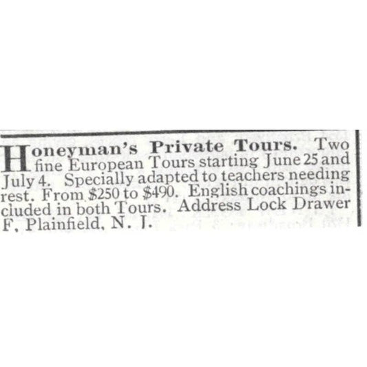 Honeyman's Private Tours Plainfield New Jersey - 1903 Original Ad TJ8-7-7