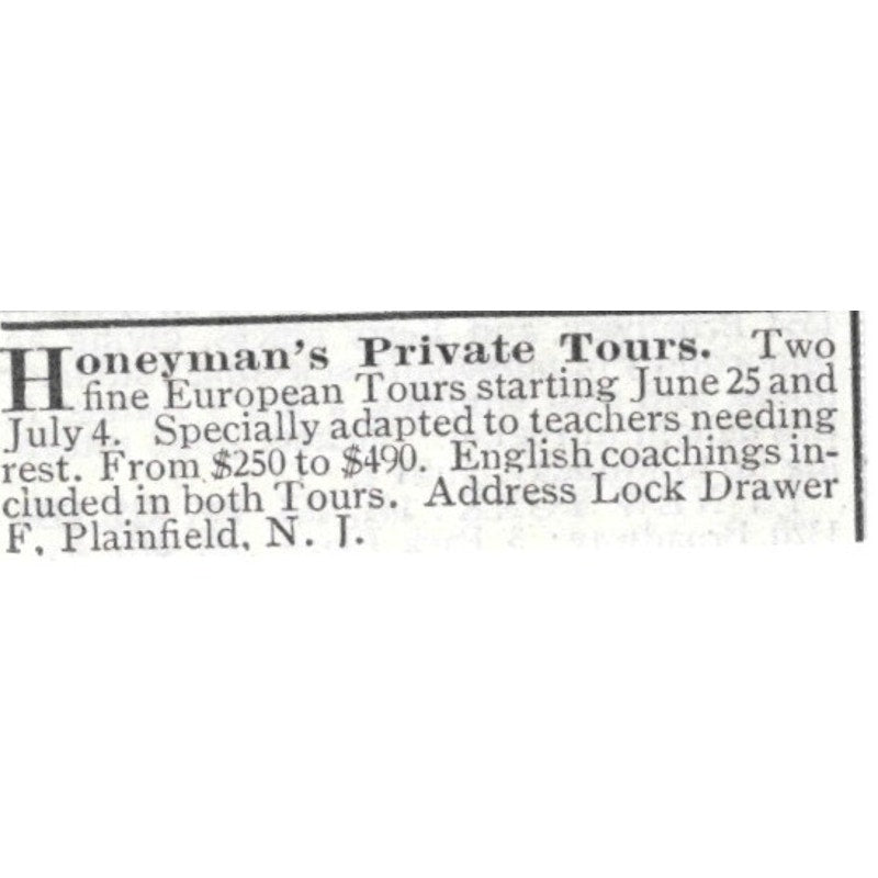 Honeyman's Private Tours Plainfield New Jersey - 1903 Original Ad AK5-S34