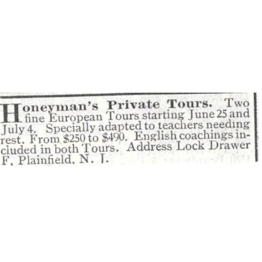 Honeyman's Private Tours Plainfield New Jersey - 1903 Original Ad AK5-S34