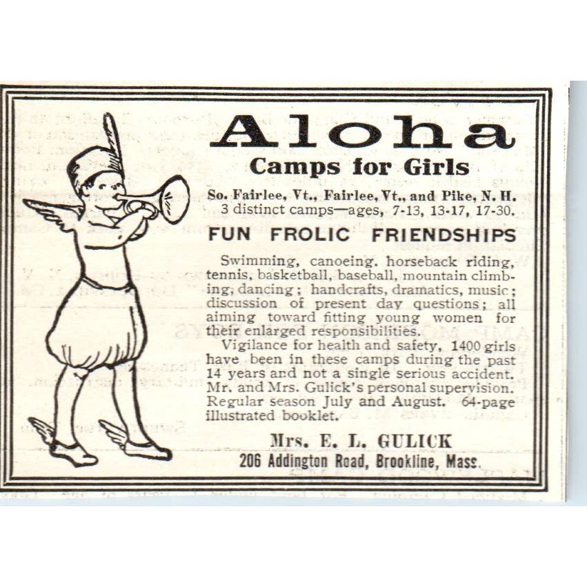 c1920 Harper's Ad - Aloha Camps for Girls E.L. Gluck Fairlee VT Pike NH EA3