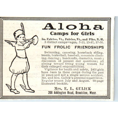 c1920 Harper's Ad - Aloha Camps for Girls E.L. Gluck Fairlee VT Pike NH EA3