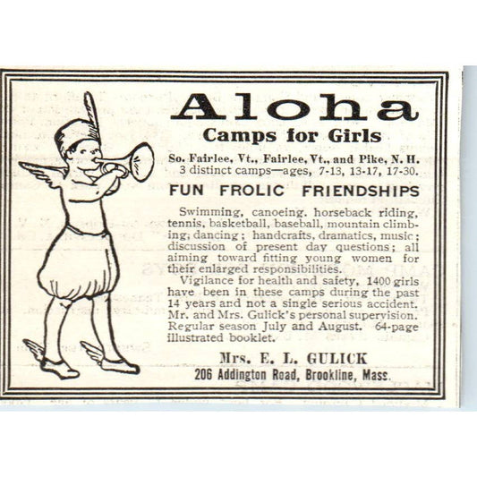 c1920 Harper's Ad - Aloha Camps for Girls E.L. Gluck Fairlee VT Pike NH EA3