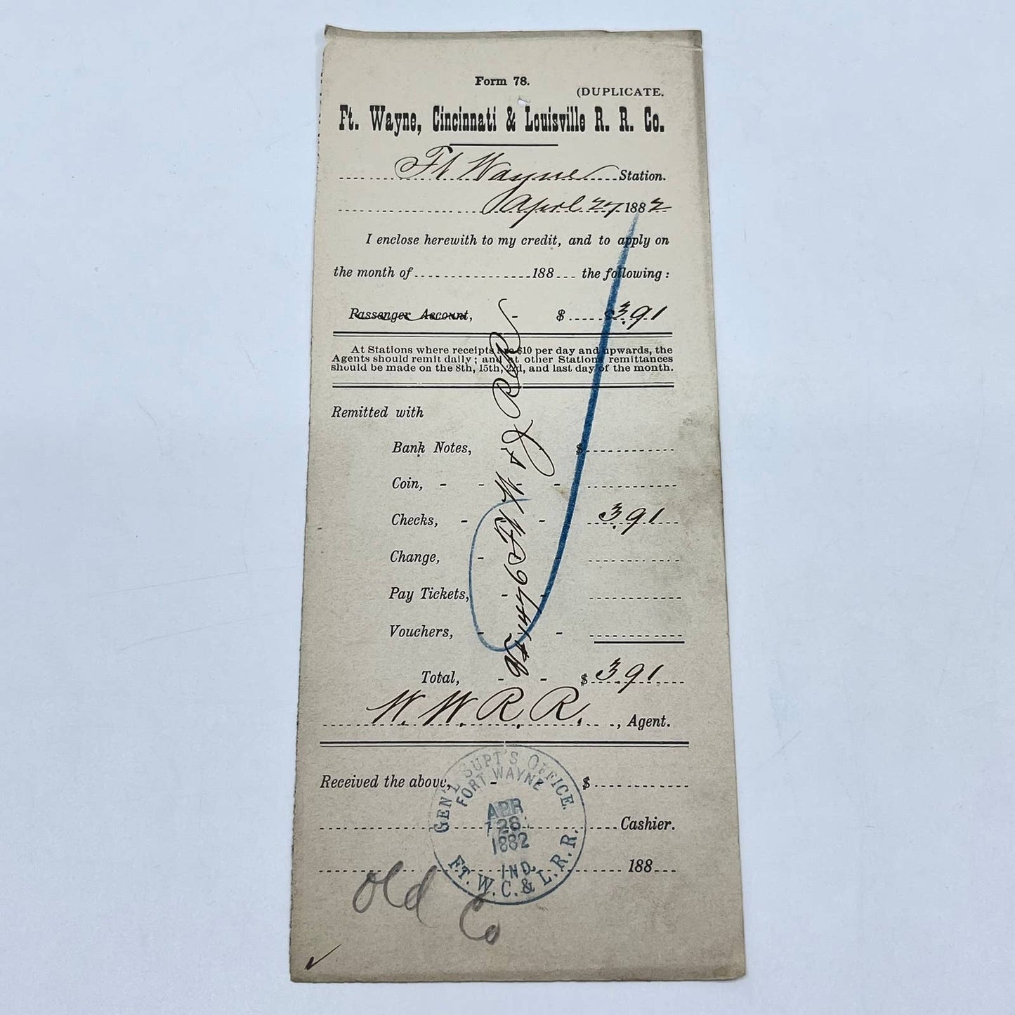 1882 Ft. Wayne, Cincinnati & Louisville RR Co Receipt Ft Wayne Station AB2