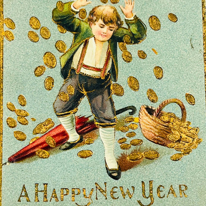 1910s Christmas New Year’s Post Card Embossed Dresden Gilt Raining Coins PA3