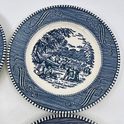 Currier & Ives BLUE Harvest Wheat Royal China Set 4 Dessert Bread Plates 6” TI3