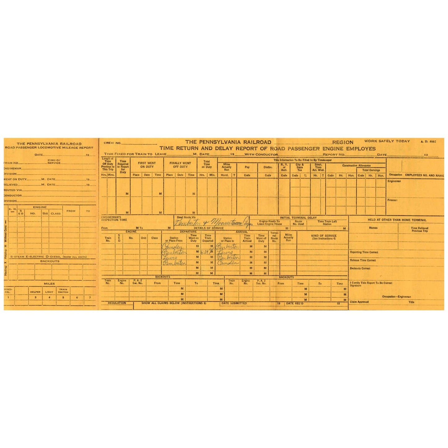 1958 The Pennsylvania Railroad Time Return and Delay Report Form AD8-3