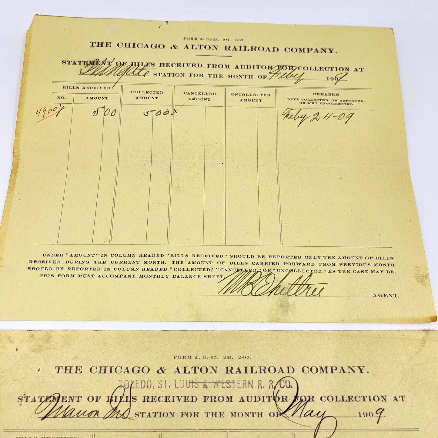 1909 Chicago & Alton Railroad Company Statement of Bills Received Lot of 2 AB1-1