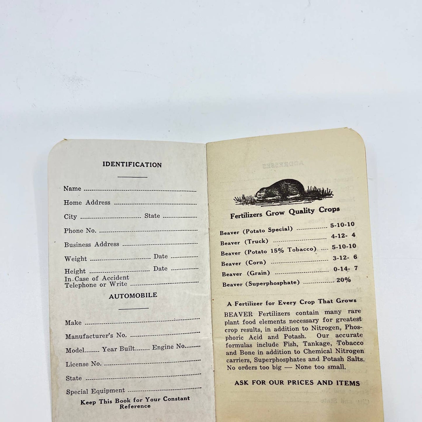 1920s Advertising Memo Book Beaver Brand Fertilizers A.D. Graham Somerset PA TE1