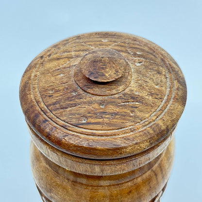 Vintage Teak Wood Carved Tea Canister Jar Urn w/ Lid India 5” TE5