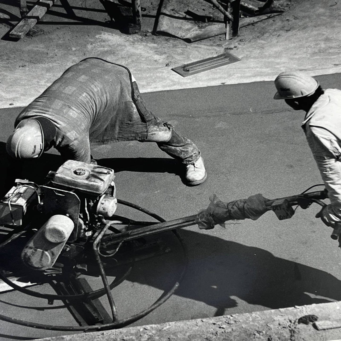 Vtg Original Art B&W Photo Construction Workers Power Trowel Cement 11x14 FL4