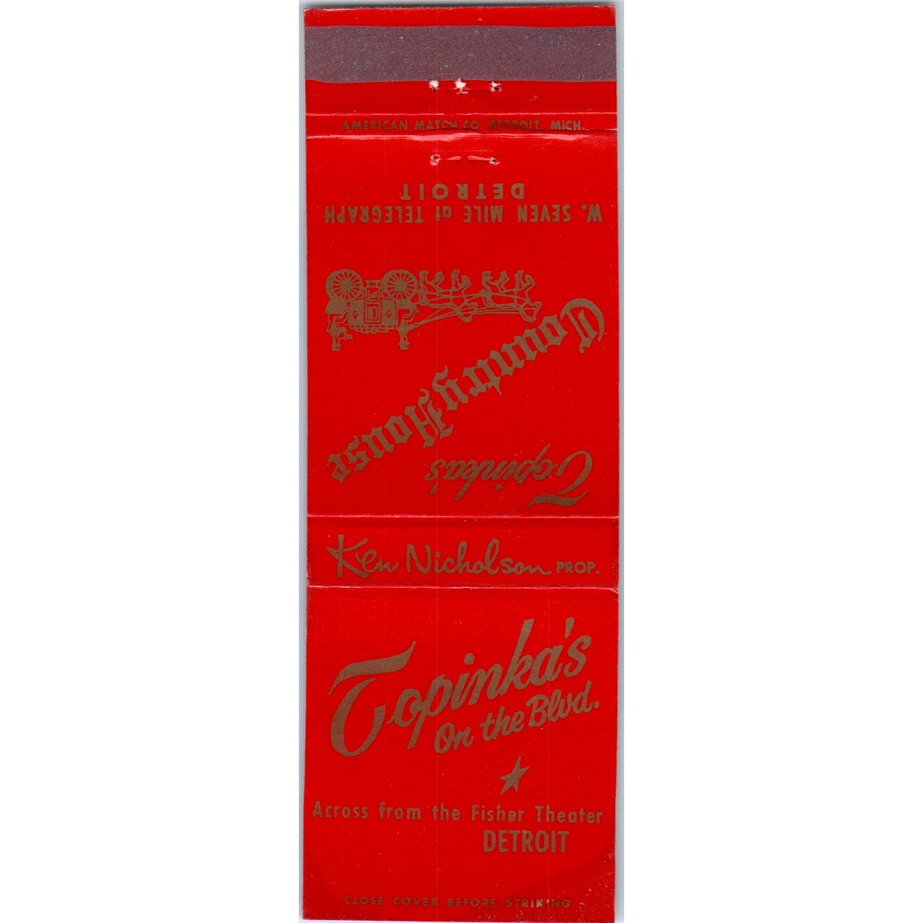 Topeka's on the Blvd Ken Nicholson Detroit MI Advertising Matchbook Cover MM9-9