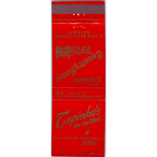 Topeka's on the Blvd Ken Nicholson Detroit MI Advertising Matchbook Cover MM9-9