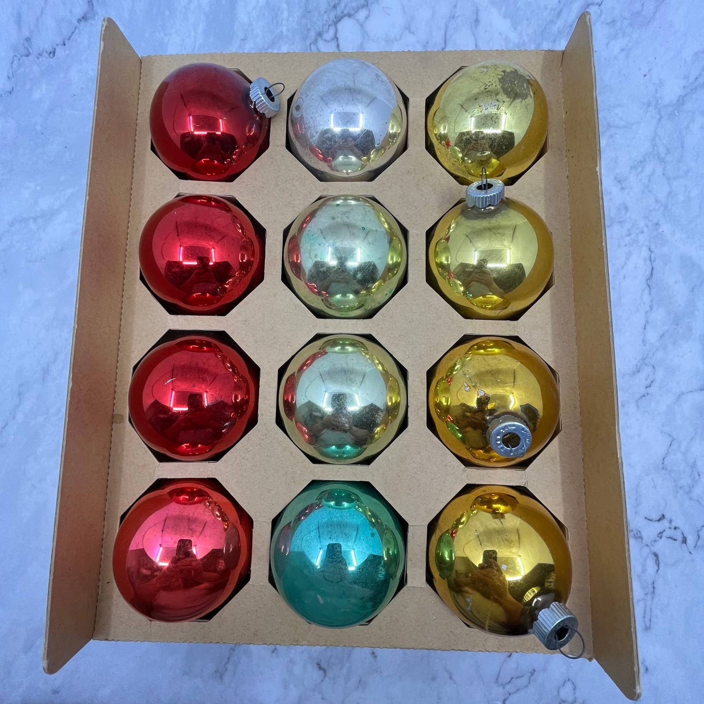 Shiny Brite 12 Vintage Mercury Glass Ornaments w/ Original Box Red Yellow Green