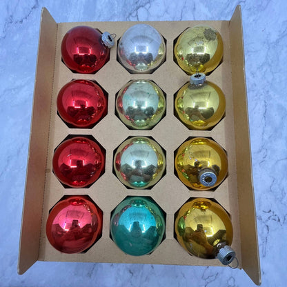 Shiny Brite 12 Vintage Mercury Glass Ornaments w/ Original Box Red Yellow Green