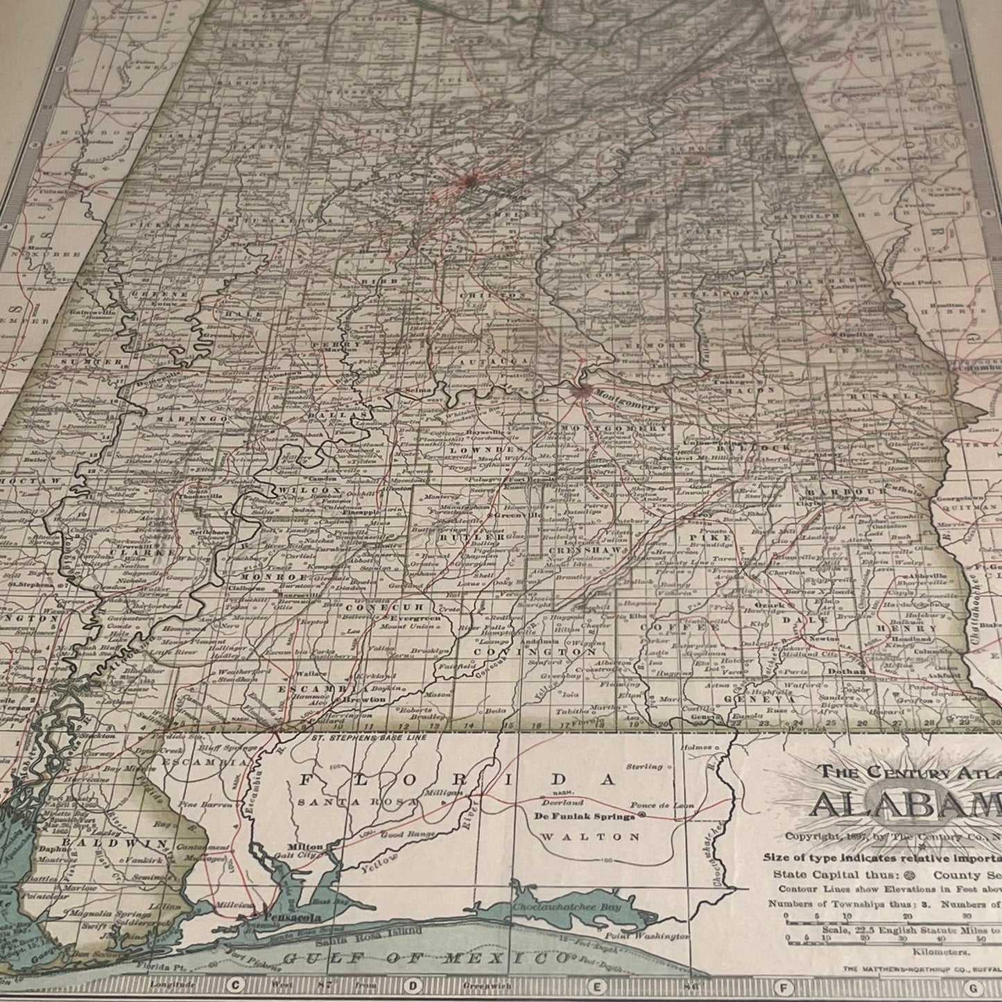 Antique 1897 The Century Atlas Map of ALABAMA Color Engraved 12.5 x 17” FL5