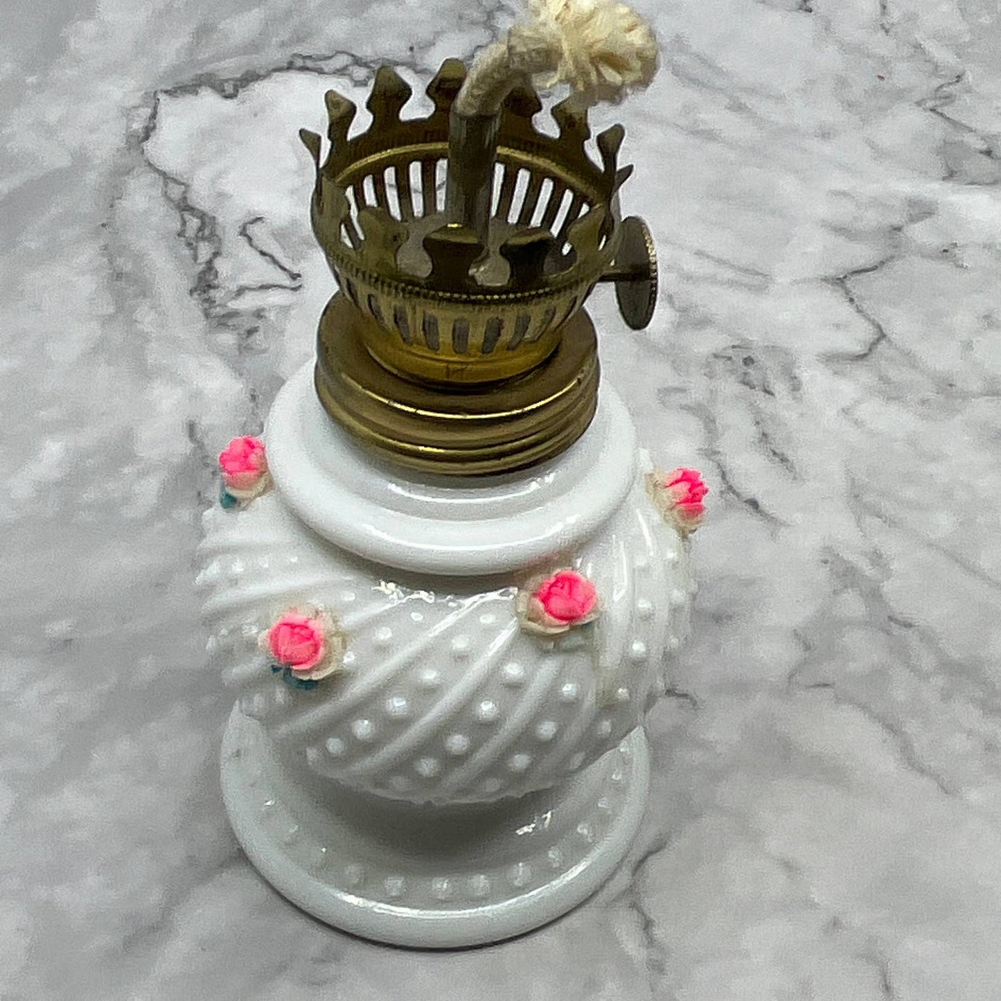 Vintage Enesco Minature Oil Lamp Hobnail Milk Glass & Bone China 8" TI7